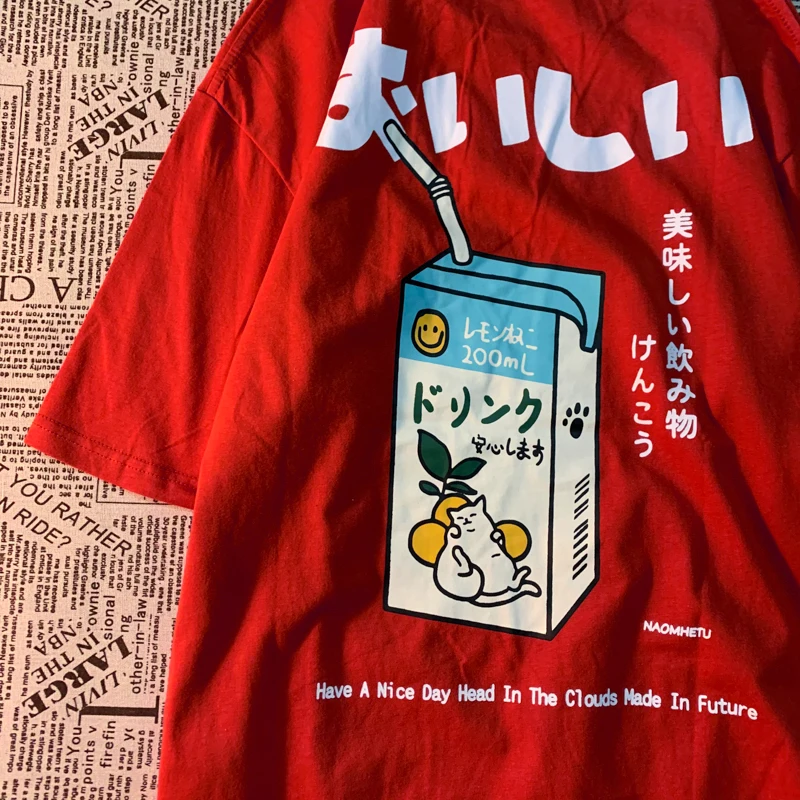 Cute Japanese Cat Print Oversized T-shirt Women Men Short Sleeve Loose Casual Tee Shirt Streetwear Tops Cotton Harajuku Clothing - Image 5