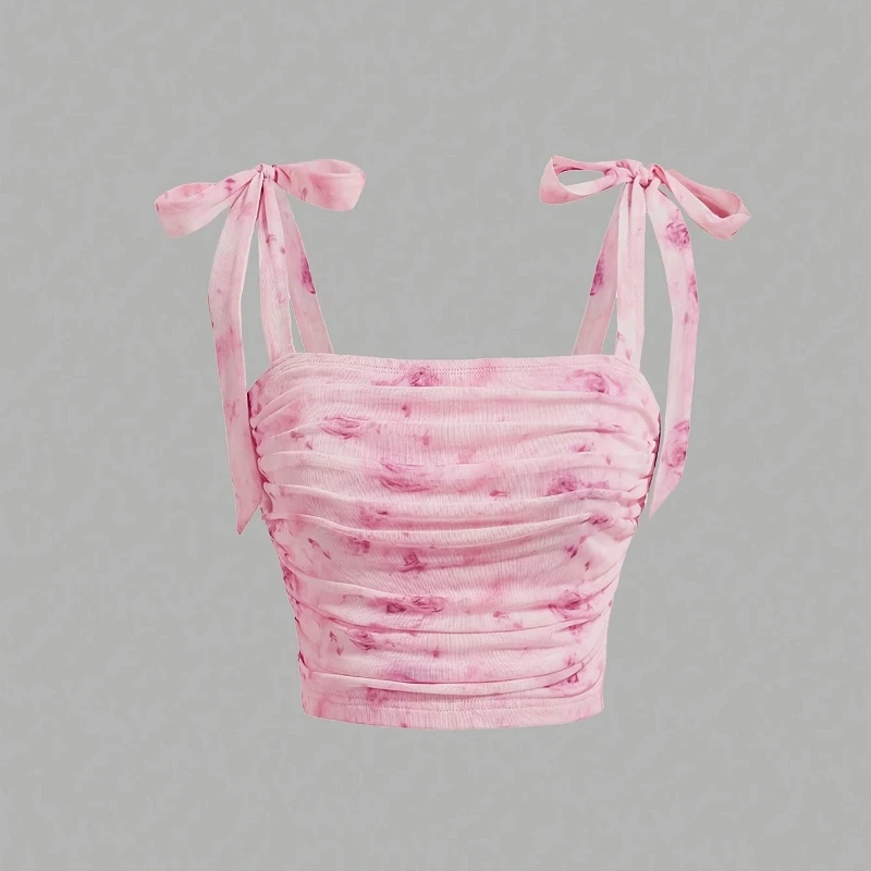 Solid Tie Shoulder Ruched Wide Strap Slim Fit Crop Top Women Clothing Summer 2025 Y2K Clothes Pink Backless Camis Top Streetwear - Image 5
